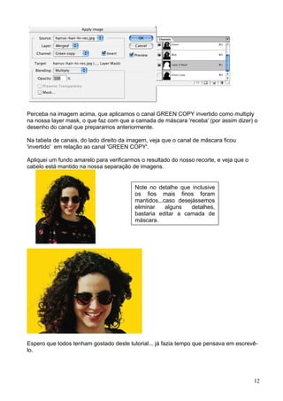 Perceba na imagem acima, que aplicamos o canal GREEN COPY invertido como multiply
na nossa layer mask, o que faz com que a camada de máscara 'receba' (por assim dizer) o
desenho do canal que preparamos anteriormente.

Na tabela de canais, do lado direito da imagem, veja que o canal de máscara ficou
'invertido' em relação ao canal 'GREEN COPY'.

Apliquei um fundo amarelo para verificarmos o resultado do nosso recorte, e veja que o
cabelo está mantido na nossa separação de imagens.


                                         Note no detalhe que inclusive
                                         os fios mais finos foram
                                         mantidos...caso desejássemos
                                         eliminar    alguns   detalhes,
                                         bastaria editar a camada de
                                         máscara.




Espero que todos tenham gostado deste tutorial... já fazia tempo que pensava em escrevê-
lo.




                                                                                         12
 