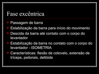 Fase excêntrica Passagem de barra Estabilização da barra para início do movimento Descida da barra até contato com o corpo do levantador Estabilização da barra no contato com o corpo do levantador - ISOMETRIA Características: flexão de cotovelo, extensão de tríceps, peitorais, deltóide 