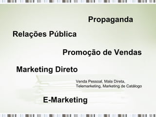 Propaganda Relações Pública Promoção de Vendas Marketing Direto Venda Pessoal, Mala Direta, Telemarketing, Marketing de Catálogo E-Marketing 