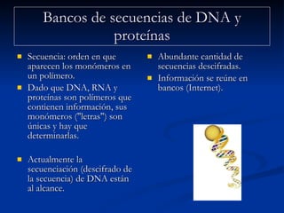 Bancos de secuencias de DNA y proteínas Secuencia: orden en que aparecen los monómeros en un polímero.  Dado que DNA, RNA y proteínas son polímeros que contienen información, sus monómeros ("letras") son únicas y hay que determinarlas.  Actualmente la secuenciación (descifrado de la secuencia) de DNA están al alcance.  Abundante cantidad de secuencias descifradas. Información se reúne en bancos (Internet).  
