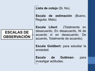 ESCALAS DE
OBSERVACIÓN
Lista de cotejo (Si, No).
Escala de estimación (Bueno,
Regular, Malo).
Escala Likert (Totalmente en
desacuerdo, En desacuerdo, Ni de
acuerdo ni en desacuerdo, De
acuerdo, Totalmente de acuerdo).
Escala Goldbert: para estudiar la
ansiedad.
Escala de Guttman: para
investigar actitudes.
 