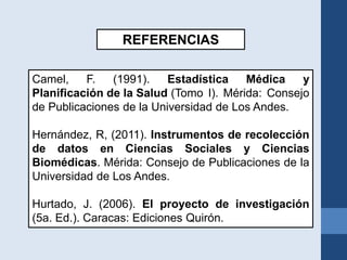 REFERENCIAS
Camel, F. (1991). Estadística Médica y
Planificación de la Salud (Tomo I). Mérida: Consejo
de Publicaciones de la Universidad de Los Andes.
Hernández, R, (2011). Instrumentos de recolección
de datos en Ciencias Sociales y Ciencias
Biomédicas. Mérida: Consejo de Publicaciones de la
Universidad de Los Andes.
Hurtado, J. (2006). El proyecto de investigación
(5a. Ed.). Caracas: Ediciones Quirón.
 