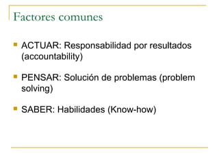 Factores comunes

   ACTUAR: Responsabilidad por resultados
    (accountability)

   PENSAR: Solución de problemas (problem
    solving)

   SABER: Habilidades (Know-how)
 