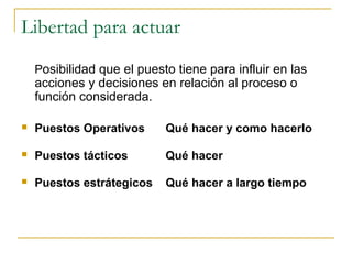 Libertad para actuar
    Posibilidad que el puesto tiene para influir en las
    acciones y decisiones en relación al proceso o
    función considerada.

   Puestos Operativos      Qué hacer y como hacerlo

   Puestos tácticos        Qué hacer

   Puestos estrátegicos    Qué hacer a largo tiempo
 
