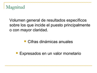 Magnitud

 Volumen general de resultados específicos
 sobre los que incide el puesto principalmente
 o con mayor claridad.

             Cifras dinámicas anuales

       Expresados en un valor monetario
 