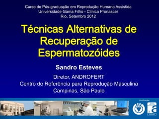 Curso de Pós-graduação em Reprodução Humana Assistida
         Universidade Gama Filho - Clínica Pronascer
                     Rio, Setembro 2012




                 Sandro Esteves
             Diretor, ANDROFERT
Centro de Referência para Reprodução Masculina
             Campinas, São Paulo
 