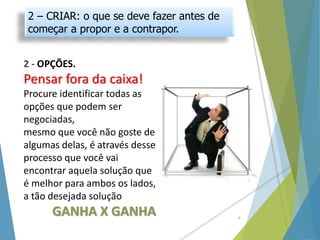 2 – CRIAR: o que se deve fazer antes de
começar a propor e a contrapor.
9
2 - OPÇÕES.
Pensar fora da caixa!
Procure identificar todas as
opções que podem ser
negociadas,
mesmo que você não goste de
algumas delas, é através desse
processo que você vai
encontrar aquela solução que
é melhor para ambos os lados,
a tão desejada solução
GANHA X GANHA
 