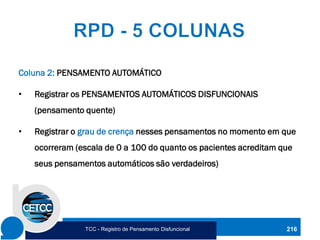 216
Coluna 2: PENSAMENTO AUTOMÁTICO
• Registrar os PENSAMENTOS AUTOMÁTICOS DISFUNCIONAIS
(pensamento quente)
• Registrar o grau de crença nesses pensamentos no momento em que
ocorreram (escala de 0 a 100 do quanto os pacientes acreditam que
seus pensamentos automáticos são verdadeiros)
TCC - Registro de Pensamento Disfuncional
 