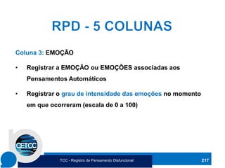 217
Coluna 3: EMOÇÃO
• Registrar a EMOÇÃO ou EMOÇÕES associadas aos
Pensamentos Automáticos
• Registrar o grau de intensidade das emoções no momento
em que ocorreram (escala de 0 a 100)
TCC - Registro de Pensamento Disfuncional
 