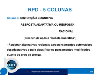 219
Coluna 4: DISTORÇÃO COGNITIVA
RESPOSTA ADAPTATIVA OU RESPOSTA
RACIONAL
(preenchida após o “Debate Socrático”)
- Registrar alternativas racionais para pensamentos automáticos
desadaptativos e para classificar os pensamentos modificados
quanto ao grau de crença.
TCC - Registro de Pensamento Disfuncional
 