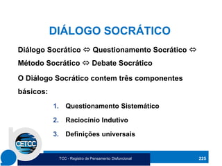 DIÁLOGO SOCRÁTICO
Diálogo Socrático  Questionamento Socrático 
Método Socrático  Debate Socrático
O Diálogo Socrático contem três componentes
básicos:
1. Questionamento Sistemático
2. Raciocínio Indutivo
3. Definições universais
225
TCC - Registro de Pensamento Disfuncional
 