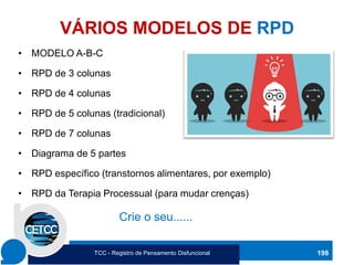 VÁRIOS MODELOS DE RPD
• MODELO A-B-C
• RPD de 3 colunas
• RPD de 4 colunas
• RPD de 5 colunas (tradicional)
• RPD de 7 colunas
• Diagrama de 5 partes
• RPD específico (transtornos alimentares, por exemplo)
• RPD da Terapia Processual (para mudar crenças)
198
Crie o seu......
TCC - Registro de Pensamento Disfuncional
 