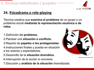 24. Psicodrama o role-playing
Técnica creativa que examina el problema de un grupo o un
problema social mediante la representación escénica o de
roles.
1. Definición del problema.
2. Plantear una situación o conflicto.
3. Reparto de papeles a los protagonistas.
4. Instrucciones finales y puesta en situación
a los actores y espectadores.
5. Desarrollo de la situación dramática.
6. Interrupción de la acción si conviene.
7. Discusión y análisis de la situación dramatizada.
http://commons.wikimedia.org/
5. Técnicas individuales / grupales
 