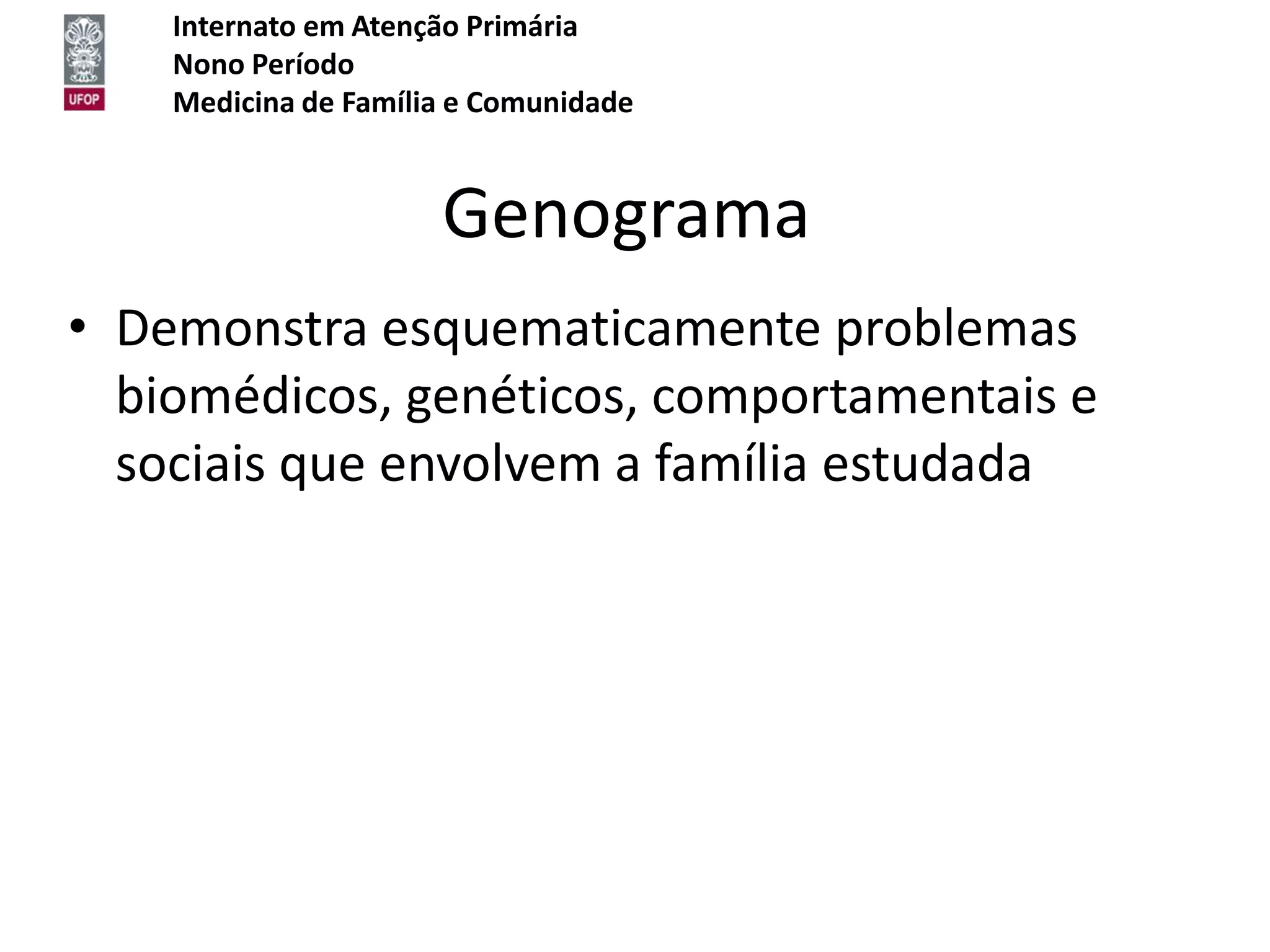 Internato em Atenção Primária
    Nono Período
    Medicina de Família e Comunidade


                      Genograma
• Demonstra esquematicamente problemas
  biomédicos, genéticos, comportamentais e
  sociais que envolvem a família estudada
 