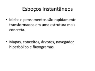Esboços Instantâneos
• Ideias e pensamentos são rapidamente
transformados em uma estrutura mais
concreta.
• Mapas, conceitos, árvores, navegador
hiperbólico e fluxogramas.
 
