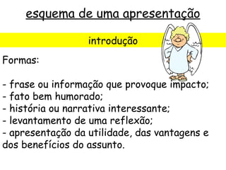 esquema de uma apresentação

                  introdução
Formas:

- frase ou informação que provoque impacto;
- fato bem humorado;
- história ou narrativa interessante;
- levantamento de uma reflexão;
- apresentação da utilidade, das vantagens e
dos benefícios do assunto.
 