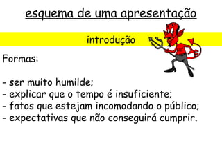 esquema de uma apresentação

                 introdução
Formas:

- ser muito humilde;
- explicar que o tempo é insuficiente;
- fatos que estejam incomodando o público;
- expectativas que não conseguirá cumprir.
 