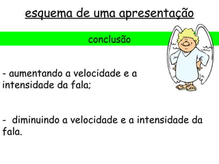 esquema de uma apresentação

                  conclusão


- aumentando a velocidade e a
intensidade da fala;


- diminuindo a velocidade e a intensidade da
fala.
 