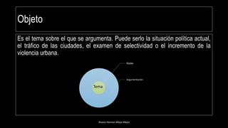 Objeto
Es el tema sobre el que se argumenta. Puede serlo la situación política actual,
el tráfico de las ciudades, el examen de selectividad o el incremento de la
violencia urbana.
Alvaro Hernan Mejia Mejia
Núcleo
Argumentación
Tema
 