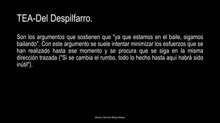 TEA-Del Despilfarro.
Son los argumentos que sostienen que "ya que estamos en el baile, sigamos
bailando". Con este argumento se suele intentar minimizar los esfuerzos que se
han realizado hasta ese momento y se procura que se siga en la misma
dirección trazada ("Si se cambia el rumbo, todo lo hecho hasta aquí habrá sido
inútil").
Alvaro Hernan Mejia Mejia
 