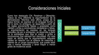 Consideraciones Iniciales
Como han destacado CH. Perelman y Olbrechts-
Tyteca es muy diferente la argumentación de la
demostración. Mientras esta última, propia de la
lógica formal, se expresa en un lenguaje formal (y
por lo tanto no ambiguo), se desarrolla a partir de
las reglas previamente fijadas y aceptadas como
válidas y arriba a conclusiones verdaderas o falsas,
la argumentación se expresa en las lenguas
naturales (de por sí ambiguas), se desarrolla a partir
de la estrategias que siga el orador y arriba a
conclusiones que siempre son discutibles. Por esta
razón se afirma que la argumentación adquiere
validez en relación con el sistema de creencias y
valores de un grupo sociocultural, que puede estar
más o menos extendido y tener mayor o menor
grado de incidencia social.
Alvaro Hernan Mejia Mejia
DISCURSO
DEMOSTRATIVO Lenguaje Formal
ARGUMENTATIVO Lenguaje Natural
 