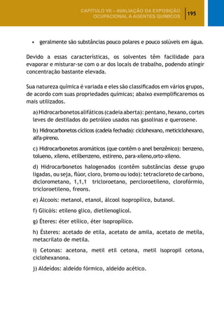195
CAPÍTULO VII – AValiaÇão da exposição
ocupacional a agentes químicos
•	 geralmente são substâncias pouco polares e pouco solúveis em água.
Devido a essas características, os solventes têm facilidade para
evaporar e misturar-se com o ar dos locais de trabalho, podendo atingir
concentração bastante elevada.
Sua natureza química é variada e eles são classificados em vários grupos,
de acordo com suas propriedades químicas; abaixo exemplificaremos os
mais utilizados.
		a)Hidrocarbonetosalifáticos(cadeiaaberta):pentano,hexano,cortes
leves de destilados do petróleo usados nas gasolinas e querosene.
		b) Hidrocarbonetos cíclicos (cadeia fechada): ciclohexano, meticiclohexano,
alfa-pireno.
		c) Hidrocarbonetos aromáticos (que contêm o anel benzênico): benzeno,
tolueno, xileno, etilbenzeno, estireno, para-xileno,orto-xileno.
	 d) Hidrocarbonetos halogenados (contêm substâncias desse grupo
ligadas, ou seja, flúor, cloro, bromo ou iodo): tetracloreto de carbono,
diclorometano, 1,1,1 tricloroetano, percloroetileno, clorofórmio,
tricloroetileno, freons.
		e) Álcoois: metanol, etanol, álcool isopropílico, butanol.
		f) Glicóis: etileno glico, dietilenoglicol.
		g) Éteres: éter etílico, éter isopropílico.
		h) Ésteres: acetado de etila, acetato de amila, acetato de metíla,
metacrilato de metila.
		i) Cetonas: acetona, metil etil cetona, metil isopropil cetona,
ciclohexanona.
		j) Aldeídos: aldeído fórmico, aIdeído acético.
 