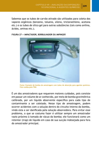 209
CAPÍTULO VII – AValiaÇão da exposição
ocupacional a agentes químicos
Sabemos que os tubos de carvão ativado são utilizados para coleta dos
vapores orgânicos (benzeno, tolueno, xileno, tricloroetileno, acetona
etc.) e os tubos de sílica gel para outras substâncias (tais como anilina,
ácidos, aminas etc.).
Figura 27 — Impactador, Borbulhador ou Impinger
Fonte: Exemplo de bomba de amostragem com tubos de absorção para agentes químicos.
Foto cedida pela TWA
É um dos amostradores que requerem maiores cuidados, pois consiste
em passar um volume de ar conhecido, por meio de bomba gravimétrica
calibrada, por um líquido absorvente específico para cada tipo de
contaminante a ser coletado. Nesse tipo de amostragem, podem
ocorrer acidentes com a solução dentro do circuito interno da bomba,
vindo esta a ser danificada pela solução absorvedora. Para evitar esse
problema, o que se costuma fazer é utilizar sempre um amostrador
vazio próximo à tomada de vácuo da bomba; ele funcionará como um
retentor (trap) de líquido em caso de sua sucção indesejada para fora
do amostrador principal.
 