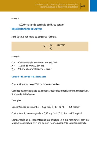 229
CAPÍTULO VII – AValiaÇão da exposição
ocupacional a agentes químicos
em que:
		 1.000 = fator de correção de litros para m³
CONCENTRAÇÃO DE METAIS
Será obtida por meio da seguinte fórmula:
C = M mg/m³
Va
em que:
C = Concentração do metal, em mg/m³
M = Massa do metal, em mg
Va
= Volume da amostragem, em m³
Cálculo do limite de tolerância
Contaminantes com Efeitos Independentes
Consiste na comparação da concentração dos metais com os respectivos
limites de tolerância.
Exemplo:
Concentração de chumbo = 0,05 mg/m³ LT do Pb = 0,1 mg/m³
Concentração de manganês = 0,15 mg/m³ LT do Mn = 0,2 mg/m³
Comparando-se a concentração do chumbo e a do manganês com os
respectivos limites, verifica-se que nenhum dos dois foi ultrapassado.
 