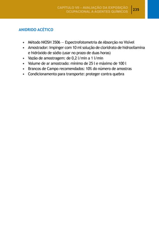 235
CAPÍTULO VII – AValiaÇão da exposição
ocupacional a agentes químicos
ANIDRIDO ACÉTICO
•	 Método NIOSH 3506 — Espectrofotometria de Absorção no Visível
•	 Amostrador: Impinger com 10 ml solução de cloridrato de hidroxilamina
e hidróxido de sódio (usar no prazo de duas horas)
•	 Vazão de amostragem: de 0,2 l/min a 1 l/min
•	 Volume de ar amostrado: mínimo de 25 l e máximo de 100 l
•	 Brancos de Campo recomendados: 10% do número de amostras
•	 Condicionamento para transporte: proteger contra quebra
 