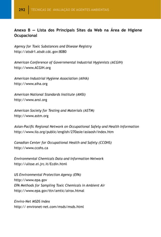 292 TÉCNICAS DE AVALIAÇÃO DE AGENTES AMBIENTAIS
Anexo B — Lista dos Principais Sites da Web na Área de Higiene
Ocupacional
Agency for Toxic Substances and Disease Registry
http://atsdr1.atsdr.cdc.gov:8080
American Conference of Governmental Industrial Hygienists (ACGIH)
http://www.ACGIH.org
American Industrial Hygiene Association (AIHA)
http://www.aiha.org
American National Standards Institute (ANSI)
http://www.ansi.org
American Society for Testing and Materials (ASTM)
http://www.astm.org
Asian-Pacific Regional Network on Occupational Safety and Health Information
http://www.ilo.org/public/english/270asie/asiaosh/index.htm
Canadian Center for Occupational Health and Safety (CCOHS)
http://www.ccohs.ca
Environmental Chemicals Data and Information Network
http://ulisse.ei.jrc.it/Ecdin.html
US Environmental Protection Agency (EPA)
http://www.epa.gov
EPA Methods for Sampling Toxic Chemicals in Ambient Air
http://www.epa.gov/ttn/amtic/airox.htmal
Enviro-Net MSDS Index
http:// environet-net.com/msds/msds.html
 
