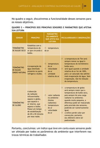 39CAPÍTULO II – AVALIAÇÃO E CONTROLE DA EXPOSIÇÃO AO CALOR
No quadro a seguir, discutiremos a funcionalidade desses sensores para
os nossos objetivos.
Quadro 2 — Princípios dos Principais Sensores e Parâmetros que Afetam
sua Leitura
SENSOR PRINCÍPIO
PARÂMETRO
DO AMBIENTE
QUE AFETA SUA
LEITURA
PECULIARIDADES E OBSERVAÇÕES
TERMÔMETRO
DE BULBO SECO
Estabiliza com a
temperatura do
ar que circunda o
bulbo.
¸ temperatura
do ar
TERMÔMETRO
DE BULBO
ÚMIDO NATURAL
A evaporação da
água destilada
presente no pavio
refrigera o bulbo.
¸ temperatura
do ar
¸ velocidade
do ar
¸ umidade
relativa do ar
¸ a temperatura do Tbn será
sempre menor ou igual à
temperatura do termômetro
bulbo seco.
¸ será igual quando a umidade
relativa do ar for de 100%,
pois o ar saturado não admite
mais evaporação de água. Sem
evaporação, não há redução
da temperatura.
TERMÔMETRO
DE GLOBO
A absorção
da radiação
infravermelha
aquece o globo,
que aquece o
ar interno, que
aquece o bulbo.
Possui um tempo
de estabilização
de 20 a 30 minutos
por essa razão.
¸ calor radiante
no ambiente
(fontes
radiantes)
¸ temperatura
do ar
¸ velocidade
do ar
¸ a temperatura de globo
será sempre maior que a
temperatura de bulbo seco,
pois sempre há uma carga
radiante no ambiente;
quando muito pequena, a
diferença pode ser mascarada
pela precisão dos sensores,
podendo ser numericamente
igual.
¸ a esfera perde calor por
convecção; portanto,
seu diâmetro deve ser
padronizado.
Portanto, concluímos: um índice que leve em conta esses sensores pode
ser afetado por todos os parâmetros do ambiente que interferem nas
trocas térmicas do trabalhador.
 