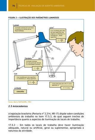 76 TÉCNICAS DE AVALIAÇÃO DE AGENTES AMBIENTAIS
Figura 3 — Ilustração dos Parâmetros Luminosos
Fonte: Mario FANTAZZINI, 1991
2.5 Antecedentes
A legislação brasileira (Portaria nº 3.214, NR-17) dispõe sobre condições
ambientais de trabalho no item 17.5.3, do qual seguem trechos de
importância quanto a aspectos de iluminação de locais de trabalho.
17.5.3 — Em todos os locais de trabalho deve haver iluminação
adequada, natural ou artificial, geral ou suplementar, apropriada à
natureza da atividade.
 