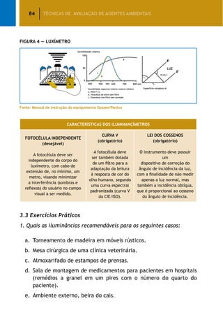 84 TÉCNICAS DE AVALIAÇÃO DE AGENTES AMBIENTAIS
Figura 4 — Luxímetro
CARACTERÍSTICAS DOS ILUMINANCÍMETROS
FOTOCÉLULA INDEPENDENTE
(desejável)
A fotocélula deve ser
independente do corpo do
luxímetro, com cabo de
extensão de, no mínimo, um
metro, visando minimizar
a interferência (sombras e
reflexos) do usuário no campo
visual a ser medido.
CURVA V
(obrigatório)
A fotocélula deve
ser também dotada
de um filtro para a
adaptação da leitura
à resposta de cor do
olho humano, segundo
uma curva espectral
padronizada (curva V
da CIE/ISO).
LEI DOS COSSENOS
(obrigatório)
O instrumento deve possuir
um
dispositivo de correção do
ângulo de incidência da luz,
com a finalidade de não medir
apenas a luz normal, mas
também a incidência oblíqua,
que é proporcional ao cosseno
do ângulo de incidência.
3.3 Exercícios Práticos
1. Quais as iluminâncias recomendáveis para os seguintes casos:
a.	 Torneamento de madeira em móveis rústicos.
b.	 Mesa cirúrgica de uma clínica veterinária.
c.	 Almoxarifado de estampos de prensas.
d.	 Sala de montagem de medicamentos para pacientes em hospitais
(remédios a granel em um pires com o número do quarto do
paciente).
e.	 Ambiente externo, beira do cais.
Fonte: Manual de instrução do equipamento Gossen/Panlux
 
