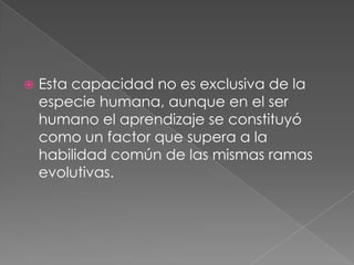 Esta capacidad no es exclusiva de la especie humana, aunque en el ser humano el aprendizaje se constituyó como un factor que supera a la habilidad común de las mismas ramas evolutivas. 