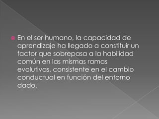 En el ser humano, la capacidad de aprendizaje ha llegado a constituir un factor que sobrepasa a la habilidad común en las mismas ramas evolutivas, consistente en el cambio conductual en función del entorno dado. 