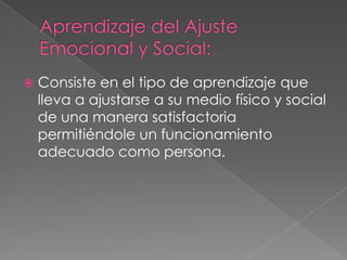 Aprendizaje del Ajuste Emocional y Social:Consiste en el tipo de aprendizaje que lleva a ajustarse a su medio físico y social de una manera satisfactoria permitiéndole un funcionamiento adecuado como persona.