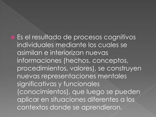 Es el resultado de procesos cognitivos individuales mediante los cuales se asimilan e interiorizan nuevas informaciones (hechos, conceptos, procedimientos, valores), se construyen nuevas representaciones mentales significativas y funcionales (conocimientos), que luego se pueden aplicar en situaciones diferentes a los contextos donde se aprendieron. 