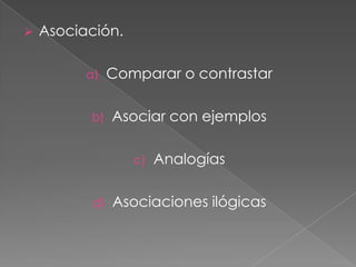Asociación.Comparar o contrastarAsociar con ejemplosAnalogíasAsociaciones ilógicas