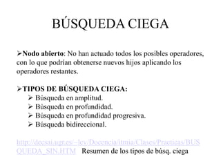 BÚSQUEDA CIEGA
Nodo abierto: No han actuado todos los posibles operadores,
con lo que podrían obtenerse nuevos hijos aplicando los
operadores restantes.
TIPOS DE BÚSQUEDA CIEGA:
 Búsqueda en amplitud.
 Búsqueda en profundidad.
 Búsqueda en profundidad progresiva.
 Búsqueda bidireccional.
http://decsai.ugr.es/~lcv/Docencia/itmia/Clases/Practicas/BUS
QUEDA_SIN.HTM Resumen de los tipos de búsq. ciega
 