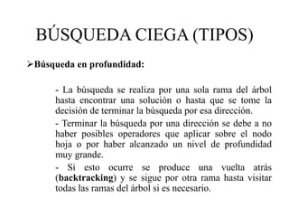 BÚSQUEDA CIEGA (TIPOS)
Búsqueda en profundidad:
- La búsqueda se realiza por una sola rama del árbol
hasta encontrar una solución o hasta que se tome la
decisión de terminar la búsqueda por esa dirección.
- Terminar la búsqueda por una dirección se debe a no
haber posibles operadores que aplicar sobre el nodo
hoja o por haber alcanzado un nivel de profundidad
muy grande.
- Si esto ocurre se produce una vuelta atrás
(backtracking) y se sigue por otra rama hasta visitar
todas las ramas del árbol si es necesario.
 