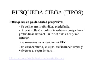 BÚSQUEDA CIEGA (TIPOS)
Búsqueda en profundidad progresiva:
- Se define una profundidad predefinida.
- Se desarrolla el árbol realizando una búsqueda en
profundidad hasta el límite definido en el punto
anterior.
- Si se encuentra la solución  FIN
- En caso contrario, se establece un nuevo límite y
volvemos al segundo paso.
Un artículo sobre la historia de esta técnica
 