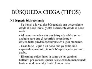 BÚSQUEDA CIEGA (TIPOS)
Búsqueda bidireccional:
- Se llevan a la vez dos búsquedas: una descendente
desde el nodo inicial y otra ascendente desde el nodo
meta.
- Al menos una de estas dos búsquedas debe ser en
anchura para que el recorrido ascendente y
descendente puedan encontrarse en algún momento.
- Cuando se llegue a un nodo que ya había sido
explorado con el otro tipo de búsqueda, el algoritmo
acaba.
- El camino solución es la suma de los caminos
hallados por cada búsqueda desde el nodo mencionado
hasta el nodo inicial y hasta el nodo meta.
 