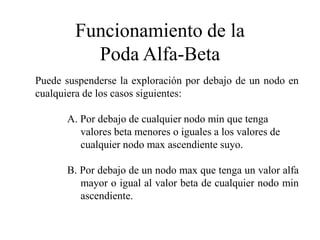 Funcionamiento de la
Poda Alfa-Beta
Puede suspenderse la exploración por debajo de un nodo en
cualquiera de los casos siguientes:
A. Por debajo de cualquier nodo min que tenga
valores beta menores o iguales a los valores de
cualquier nodo max ascendiente suyo.
B. Por debajo de un nodo max que tenga un valor alfa
mayor o igual al valor beta de cualquier nodo min
ascendiente.
 