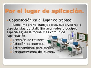 Por el lugar de aplicación. 
 Capacitación en el lugar de trabajo. 
Puede impartirla trabajadores, supervisores o 
especialistas de staff. Sin acomodos o equipos 
especiales; es la forma más común de 
capacitación. 
Admisión de trainees. 
Rotación de puestos. 
Entrenamiento para tareas. 
Enriquecimiento del puesto. 
 