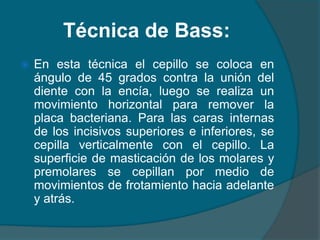 Técnica de Bass:
 En esta técnica el cepillo se coloca en
ángulo de 45 grados contra la unión del
diente con la encía, luego se realiza un
movimiento horizontal para remover la
placa bacteriana. Para las caras internas
de los incisivos superiores e inferiores, se
cepilla verticalmente con el cepillo. La
superficie de masticación de los molares y
premolares se cepillan por medio de
movimientos de frotamiento hacia adelante
y atrás.
 