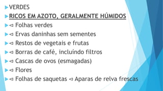 VERDES
RICOS EM AZOTO, GERALMENTE HÚMIDOS
⊲ Folhas verdes
⊲ Ervas daninhas sem sementes
⊲ Restos de vegetais e frutas
⊲ Borras de café, incluíndo filtros
⊲ Cascas de ovos (esmagadas)
⊲ Flores
⊲ Folhas de saquetas ⊲ Aparas de relva frescas
 