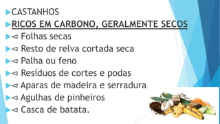 CASTANHOS
RICOS EM CARBONO, GERALMENTE SECOS
⊲ Folhas secas
⊲ Resto de relva cortada seca
⊲ Palha ou feno
⊲ Resíduos de cortes e podas
⊲ Aparas de madeira e serradura
⊲ Agulhas de pinheiros
⊲ Casca de batata.
 