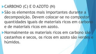 CARBONO (C) E O AZOTO (N)
São os elementos mais importantes durante a
decomposição. Devem colocar-se no compostor
quantidades iguais de materiais ricos em carbono
e de materiais ricos em azoto.
Normalmente os materiais ricos em carbono são
castanhos e secos, os ricos em azoto são verdes e
húmidos.
 