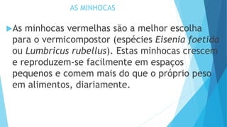 AS MINHOCAS
As minhocas vermelhas são a melhor escolha
para o vermicompostor (espécies Eisenia foetida
ou Lumbricus rubellus). Estas minhocas crescem
e reproduzem-se facilmente em espaços
pequenos e comem mais do que o próprio peso
em alimentos, diariamente.
 