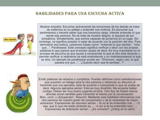 HABILIDADES PARA UNA ESCUCHA ACTIVA
Mostrar empatía: Escuchar activamente las emociones de los demás es tratar
de meternos en su pellejo y entender sus motivos. Es escuchar sus
sentimientos y hacerle saber que nos hacemos cargo, intentar entender lo que
siente esa persona. No se trata de mostrar alegría, si siquiera de ser
simpáticos. Simplemente, que somos capaces de ponernos en su lugar. Sin
embargo, no significa aceptar ni estar de acuerdo con la posición del otro. Para
demostrar esa actitud, usaremos frases como: “entiendo lo que sientes”, “noto
que...”. Parafrasear. Este concepto significa verificar o decir con las propias
palabras lo que parece que el emisor acaba de decir. Es muy importante en el
proceso de escucha ya que ayuda a comprender lo que el otro está diciendo y
permite verificar si realmente se está entendiendo y no malinterpretando lo que
se dice. Un ejemplo de parafrasear puede ser: “Entonces, según veo, lo que
pasaba era que...”, “¿Quieres decir que te sentiste...?”.
Emitir palabras de refuerzo o cumplidos. Pueden definirse como verbalizaciones
que suponen un halago para la otra persona o refuerzan su discurso al
transmitir que uno aprueba, está de acuerdo o comprende lo que se acaba de
decir. Algunos ejemplos serían: Esto es muy divertido; Me encanta hablar
contigo; Debes ser muy bueno jugando al tenis. Otro tipo de frases menos
directas sirven también para transmitir el interés por la conversación:
Bien, umm; o ¡Estupendo!;. Resumir: Mediante esta habilidad informamos a la
otra persona de nuestro grado de comprensión o de la necesidad de mayor
aclaración. Expresiones de resumen serían: - Si no te he entendido mal...; - O
sea, que lo que me estás diciendo es...; - A ver si te he entendido bien....;
Expresiones de aclaración serían: - ¿Es correcto? ;¿Estoy en lo cierto
 